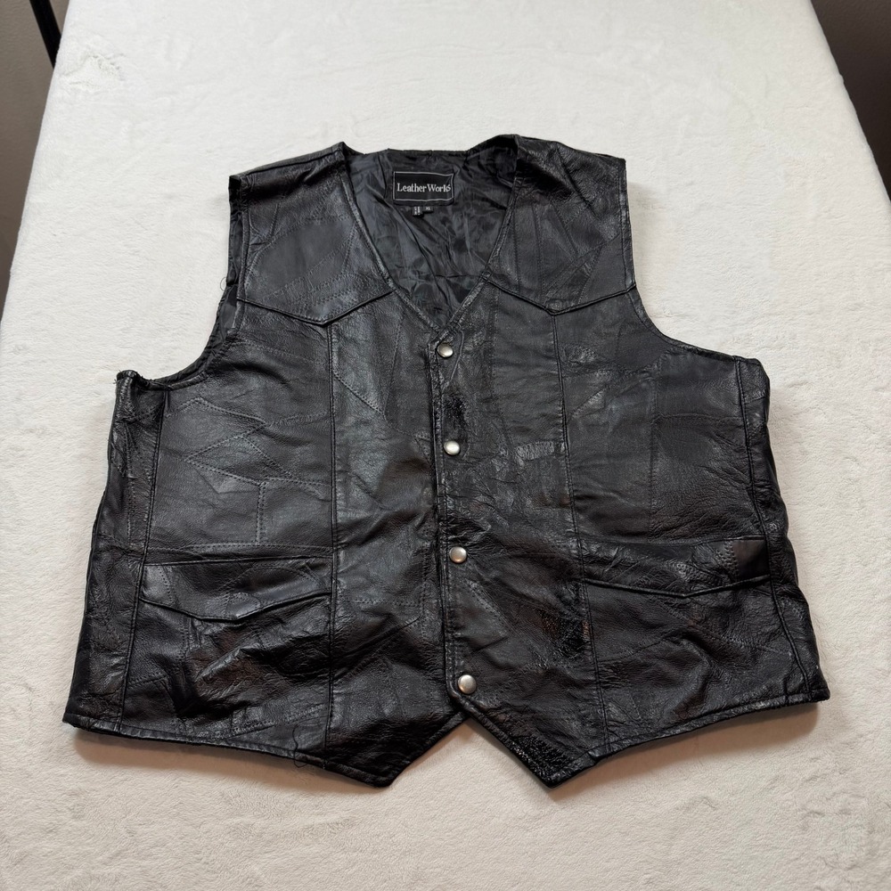 Leather Works Patchwork Biker Vest Mens XL Black Good Snap Button Motorcycle